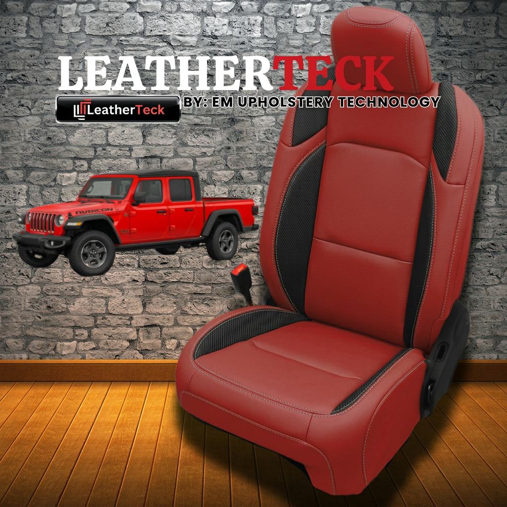Leatherteck brand graphic for a 2020–2026 Jeep Gladiator Katzkin/Leatherteck K8 (K2159-121) kit, showing a red wrap leather seat with carbon shadow vinyl wing inserts and silver contrast stitching, with Leatherteck logos and a red Gladiator on a stone-wall and wood-floor background.