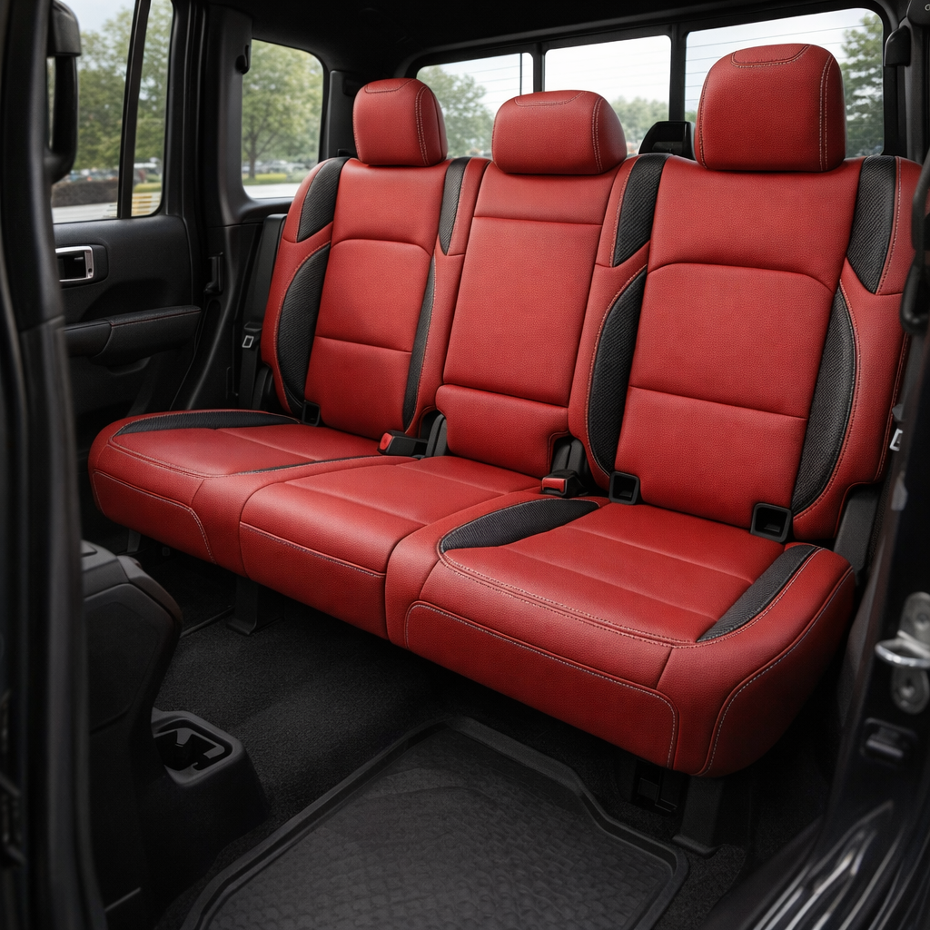 Rear cabin view of a 2020–2026 Jeep Gladiator with Leatherteck/Katzkin K8 (K2159-121) installed, showing the rear bench in red wrap leather with carbon shadow vinyl wing inserts and silver contrast stitching.