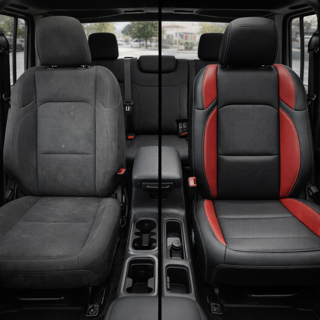 Before-and-after image of a 2020–2026 Jeep Gladiator interior, with the original gray cloth front seat on the left and the Leatherteck/Katzkin K7 (K2174-800) seat cover on the right featuring XT black wrap, XT red wings, and silver contrast stitching.