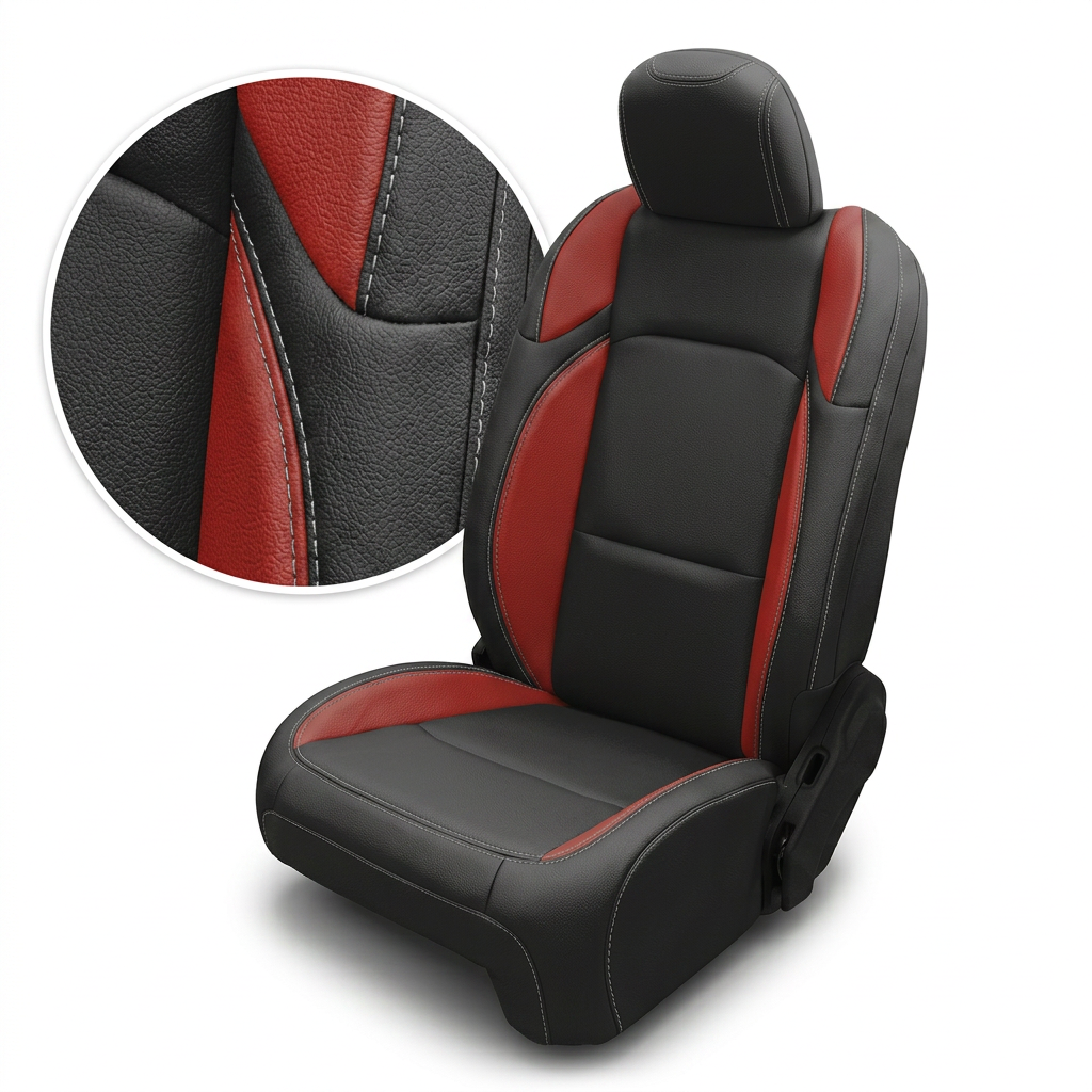 Close-up of Leatherteck/Katzkin K7 (K2174-800) for a 2020–2026 Jeep Gladiator, featuring XT black wrap with XT red wings and silver contrast stitching, shown with a zoomed texture-and-stitching inset on a white background.