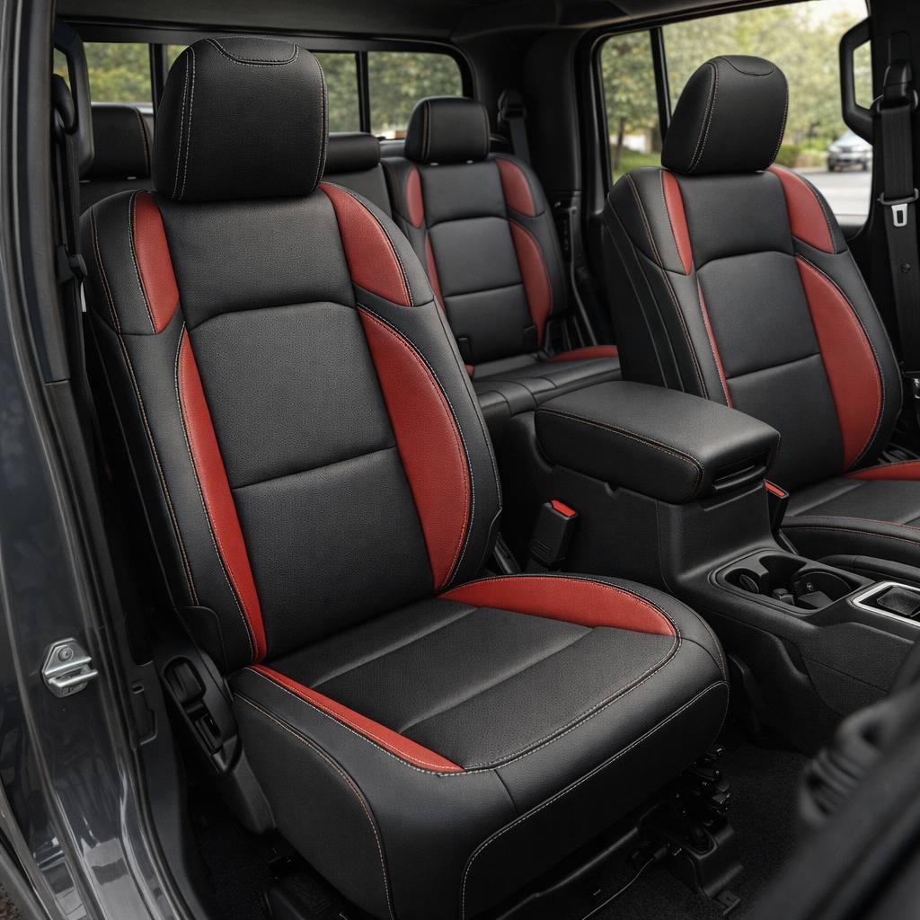 Front cabin view of a 2020–2026 Jeep Gladiator fitted with Leatherteck/Katzkin K7 (K2174-800) seat covers featuring XT black wrap, XT red wings, and silver contrast stitching, showing both front seats and the rear bench in matching upholstery.