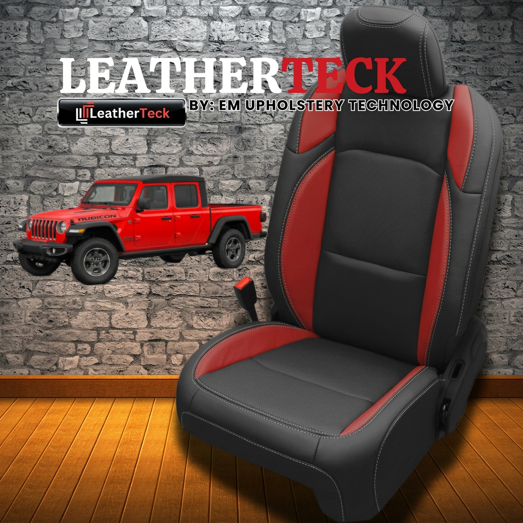 Leatherteck brand graphic for 2020–2026 Jeep Gladiator seat covers featuring the Leatherteck/Katzkin K7 (K2174-800) design with XT black wrap, XT red wings, and silver contrast stitching, shown with the Leatherteck logo and a red Gladiator truck on a stone-wall background.
