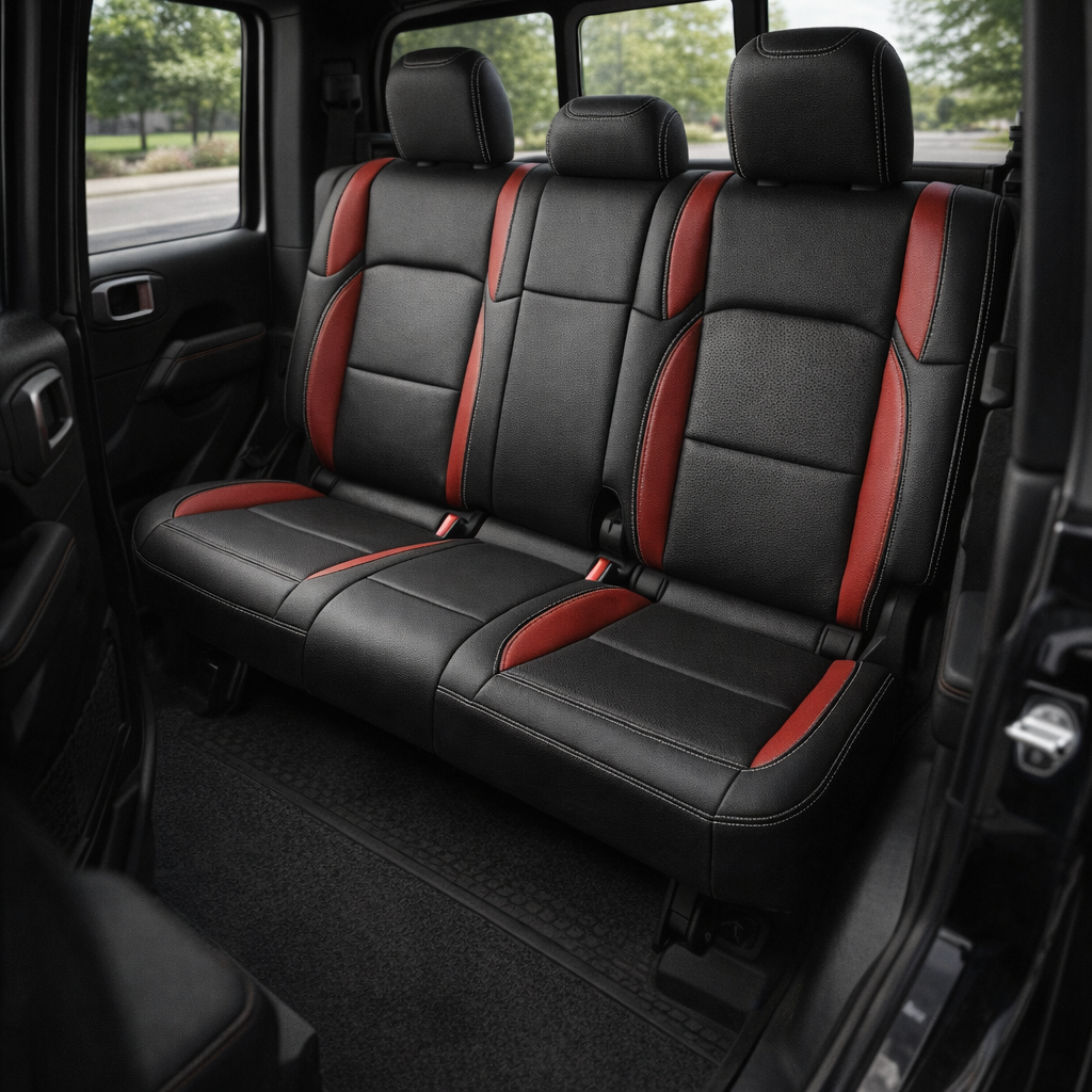 Rear cabin view of a 2020–2026 Jeep Gladiator showing the back bench fitted with Leatherteck/Katzkin K7 (K2174-800) upholstery in XT black with XT red accent wings and silver contrast stitching.