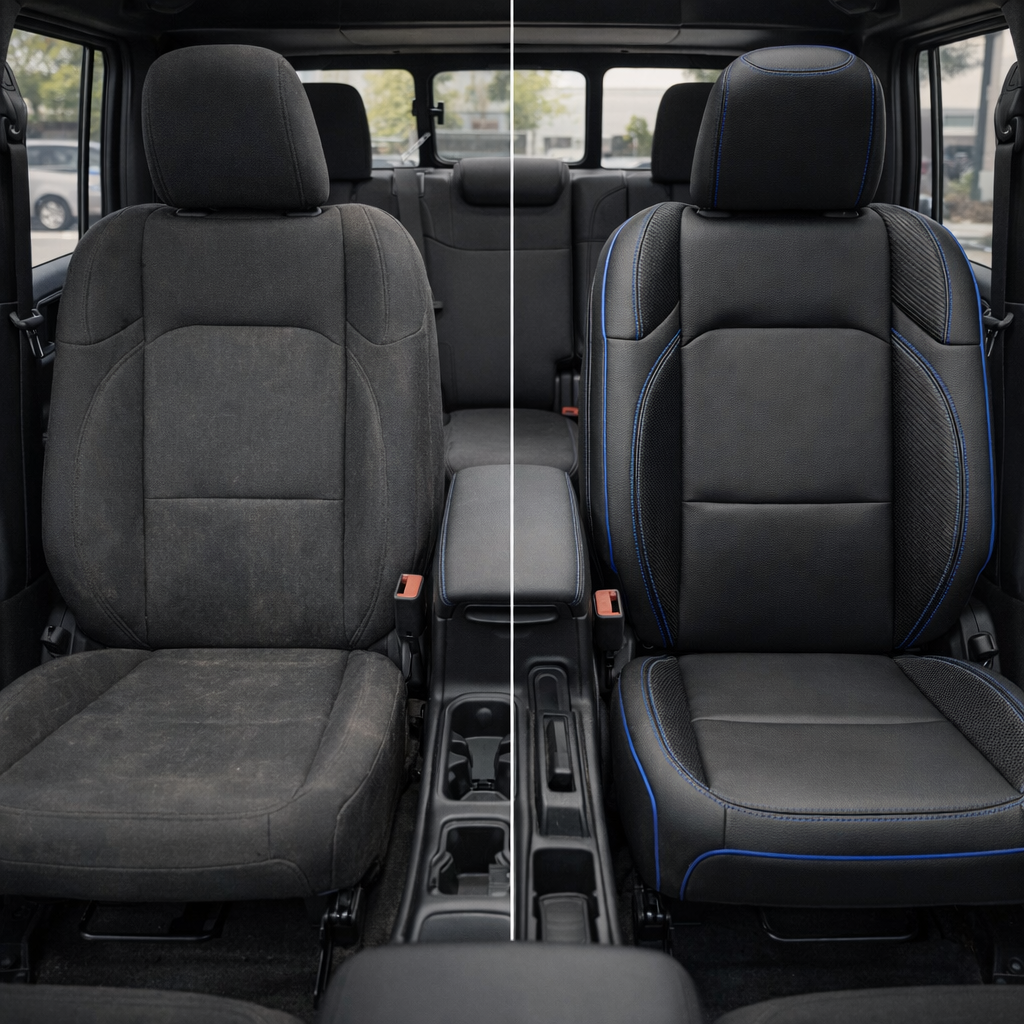 Before-and-after in-cabin view of a 2020–2026 Jeep Gladiator: left shows the original black cloth front seat, right shows the upgraded Leatherteck leather seat cover in black with black carbon fiber–style accent panels, cobalt blue contrast stitching, and cobalt blue piping.