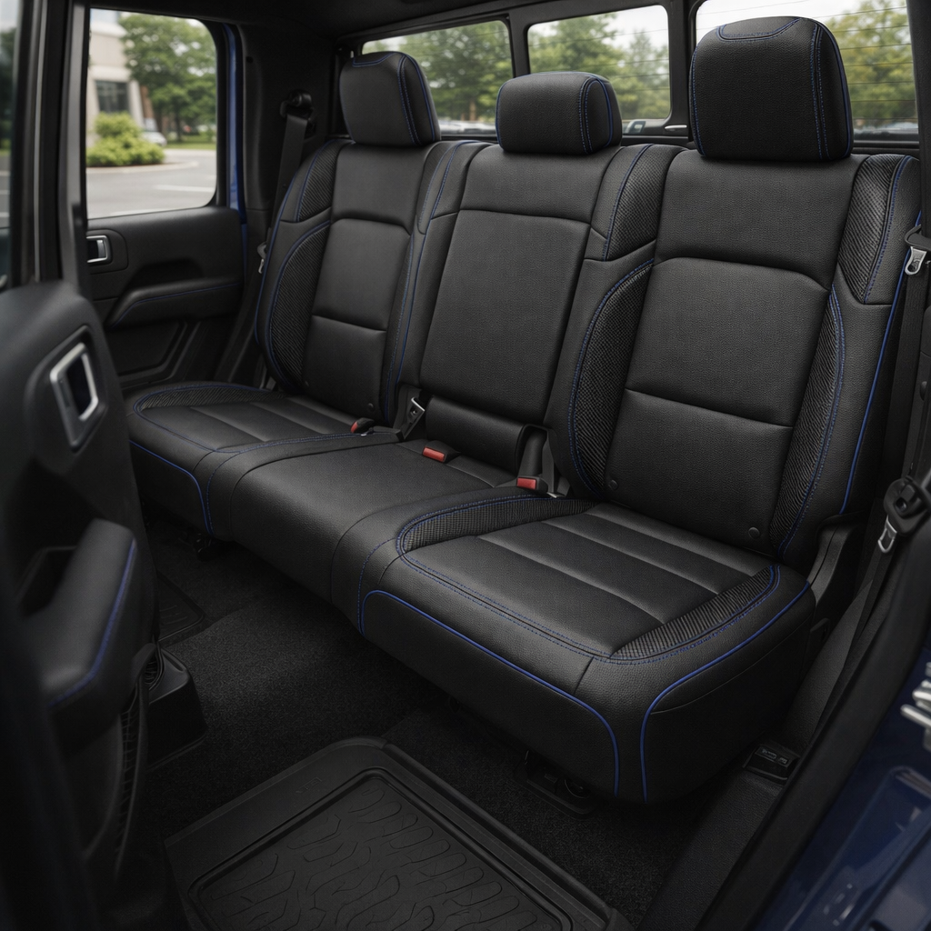 Rear in-cabin view of a 2020–2026 Jeep Gladiator with Leatherteck leather seat covers in black, featuring black carbon fiber–style accent panels on the outer sections, cobalt blue contrast stitching, and cobalt blue piping across the rear bench, seatbacks, and headrests.