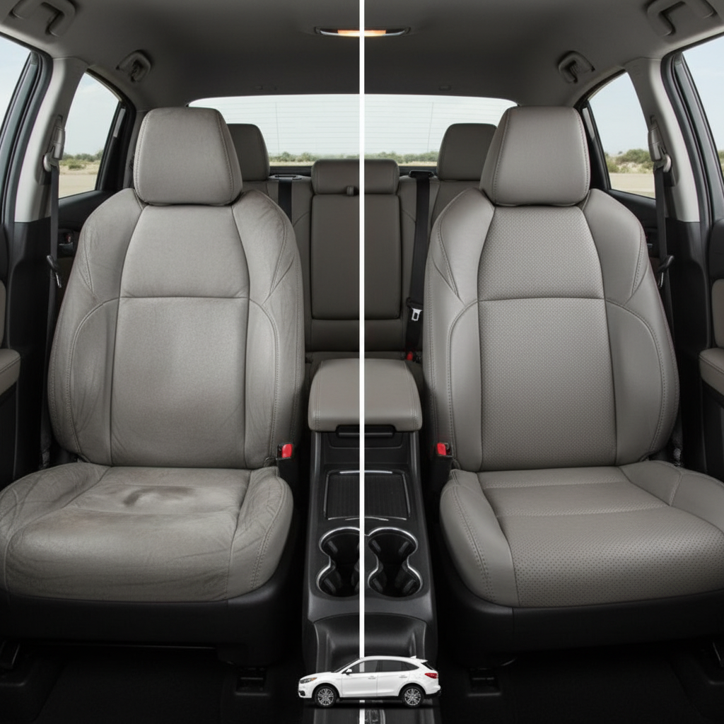 Before-and-after comparison of Toyota Venza front seats, showing original cloth seat upgraded to perforated leather upholstery.
