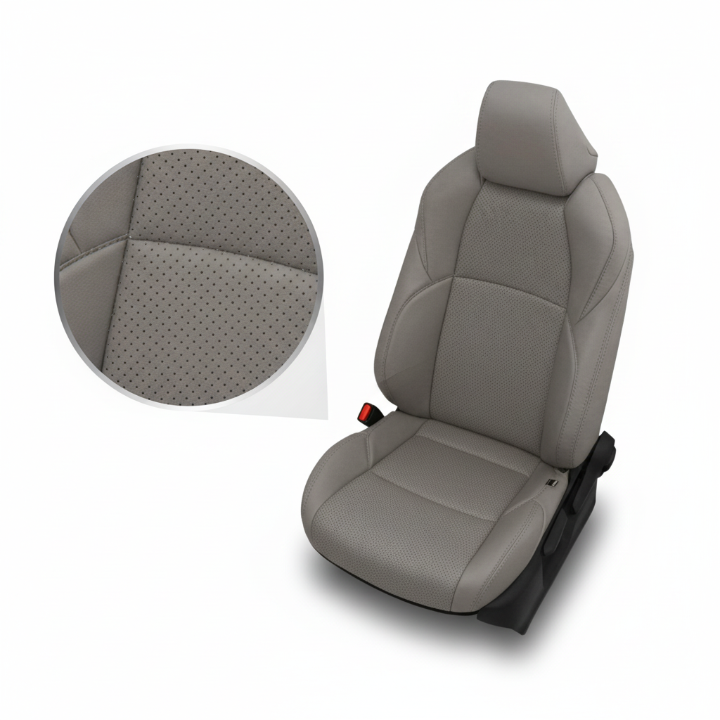 Perforated gray leather car seat with close-up detail of stitching and texture.
