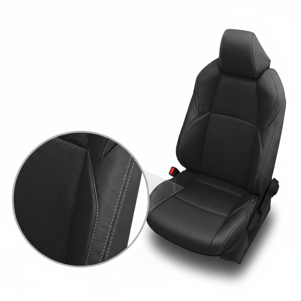 Black car seat with close up detailed stitching on a white background