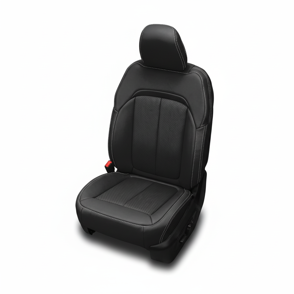 Black leather car seat with perforated center panels and silver contrast stitching on a white background.
