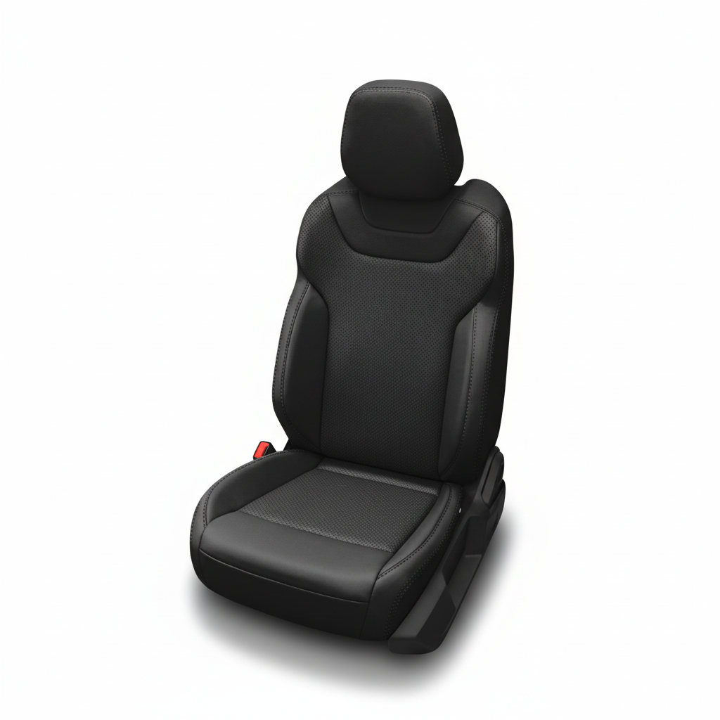 Black leather car seat with perforated center panels on a white background.
