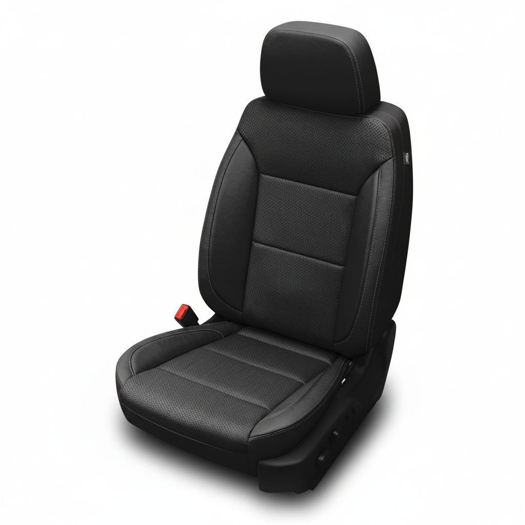 Black leather car seat with perforated panels on a white background.
