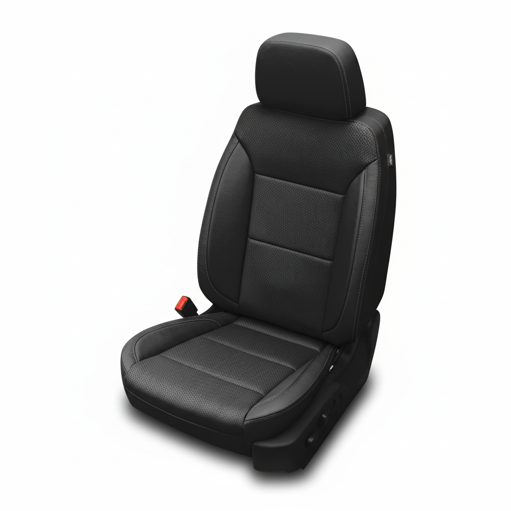 Black leather car seat with perforated panels on a white background.
