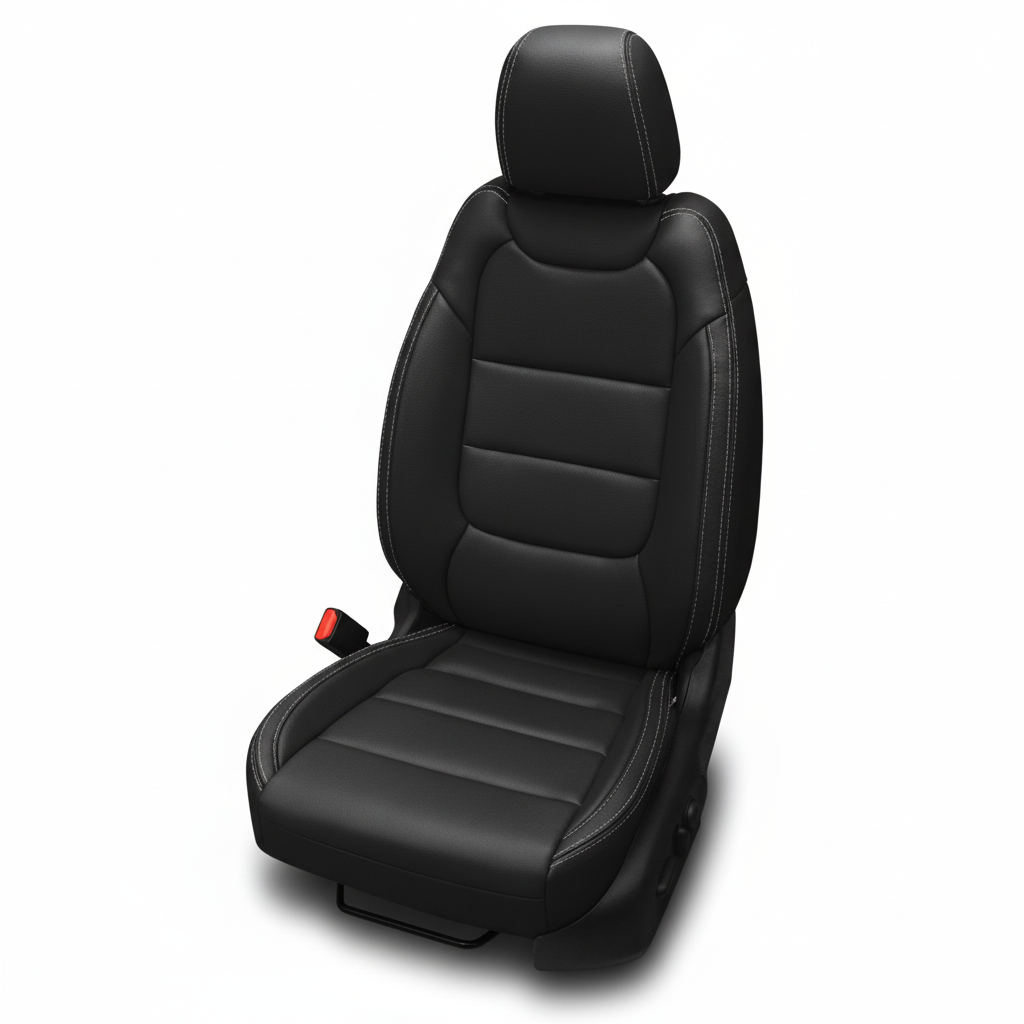 Black leather car seat with contrast stitching on a white background.
