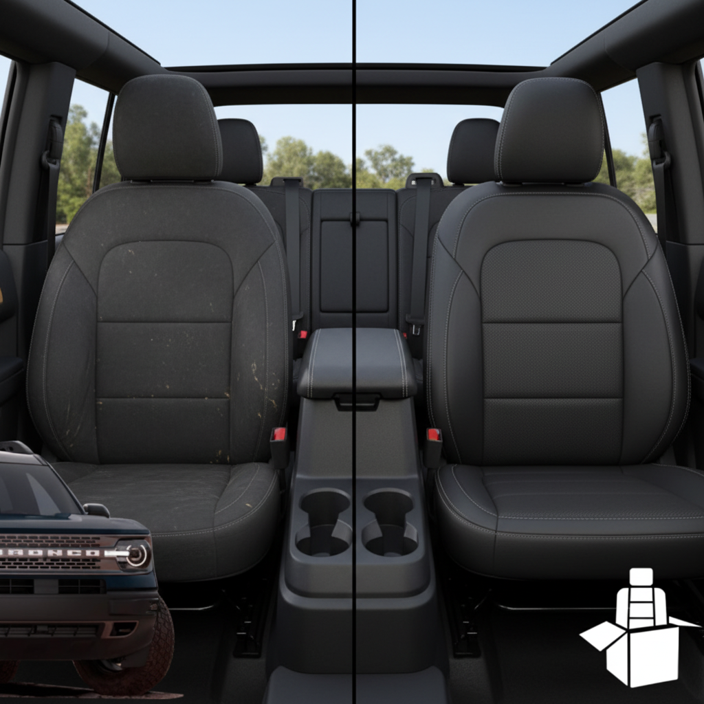 Before-and-after comparison of Ford Bronco front seats, showing original cloth seat upgraded to perforated leather upholstery.

