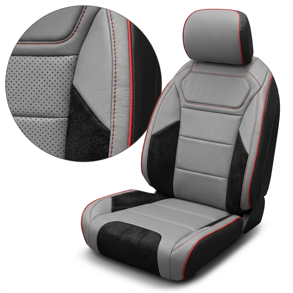 Close-up product image of a 2021–2026 Ford F-150 Raptor Leatherteck leather seat cover on a white background, featuring black outer bolsters with a light grey front-face, perforated combination center inserts, black automotive suede accent panels, and red contrast stitching with red piping; a circular zoom inset highlights the perforation pattern, suede texture, and red-stitched seam/piping detail.