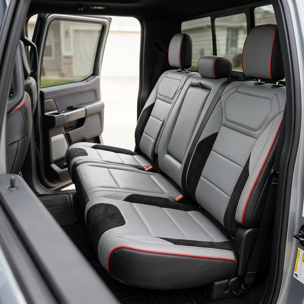Rear in-cabin view of a 2021–2026 Ford F-150 Raptor showing Leatherteck rear bench seat covers in black with a light grey front-face, perforated combination center inserts, black automotive suede accent panels, and red contrast stitching with red piping, featuring three rear headrests, visible seatbelts/buckles, and the rear door open with the door panel and rear window in view.