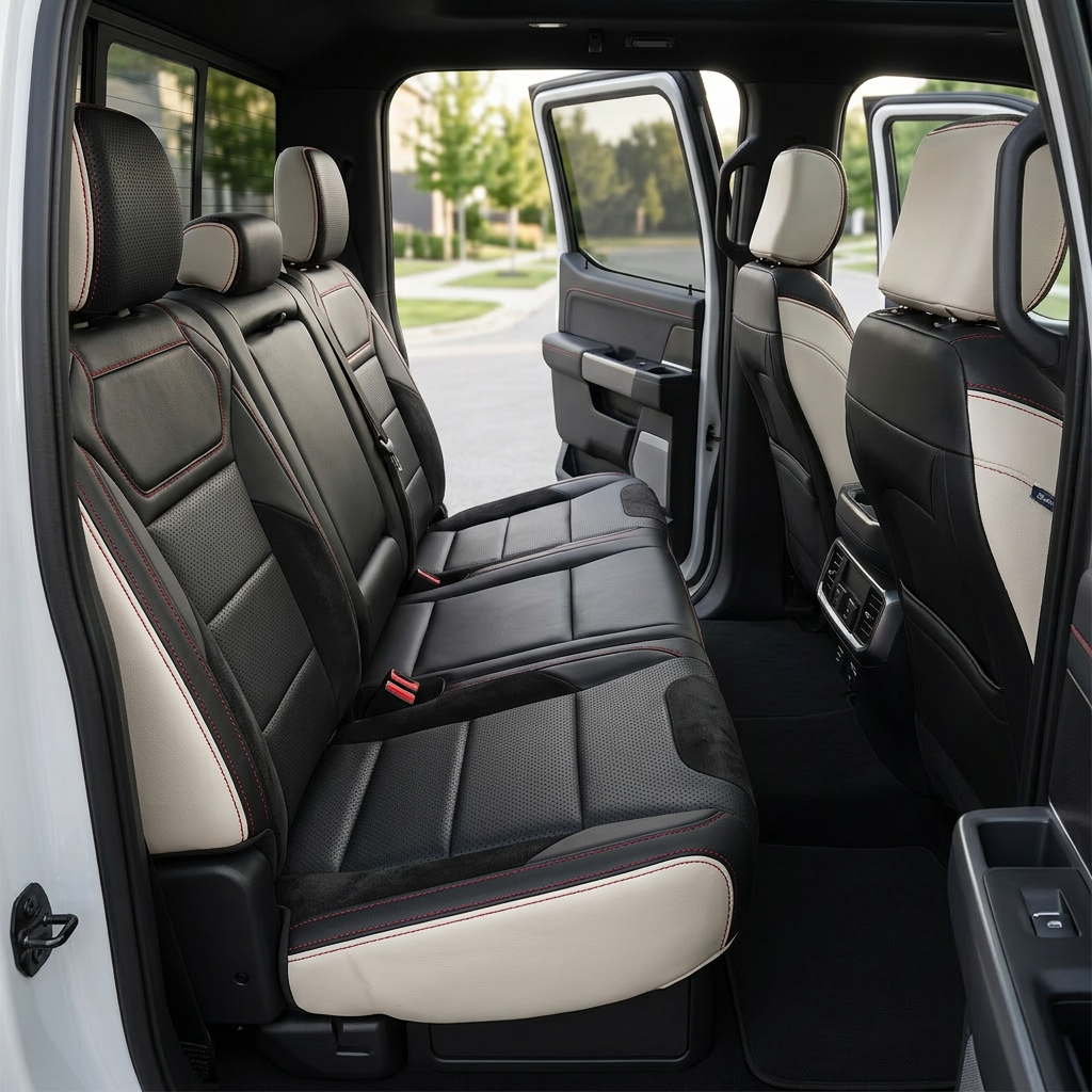 Rear in-cabin view of a 2021–2026 Ford F-150 Raptor showing Leatherteck rear bench seat covers in pearl white with black front-facing seat panels, perforated combination center inserts, black automotive suede accent panels, and red contrast stitching, with three rear headrests, visible seatbelts/buckles, and the rear doors open with the front seatbacks in view.
