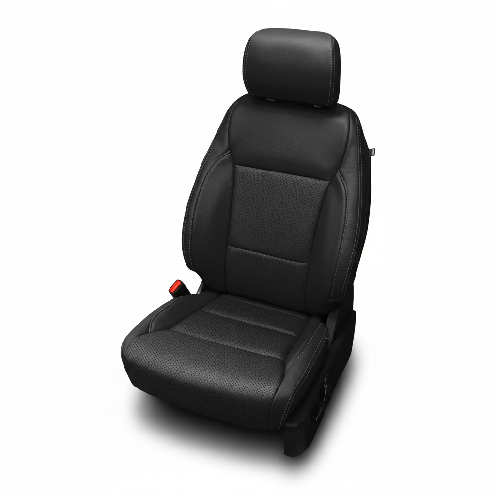 Black leather car seat with perforated center panels on a white background.
