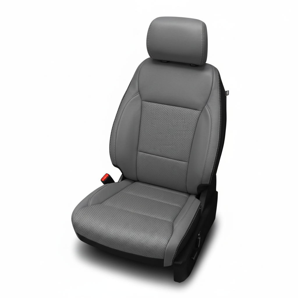 Gray leather car seat with perforated center panels on a white background.
