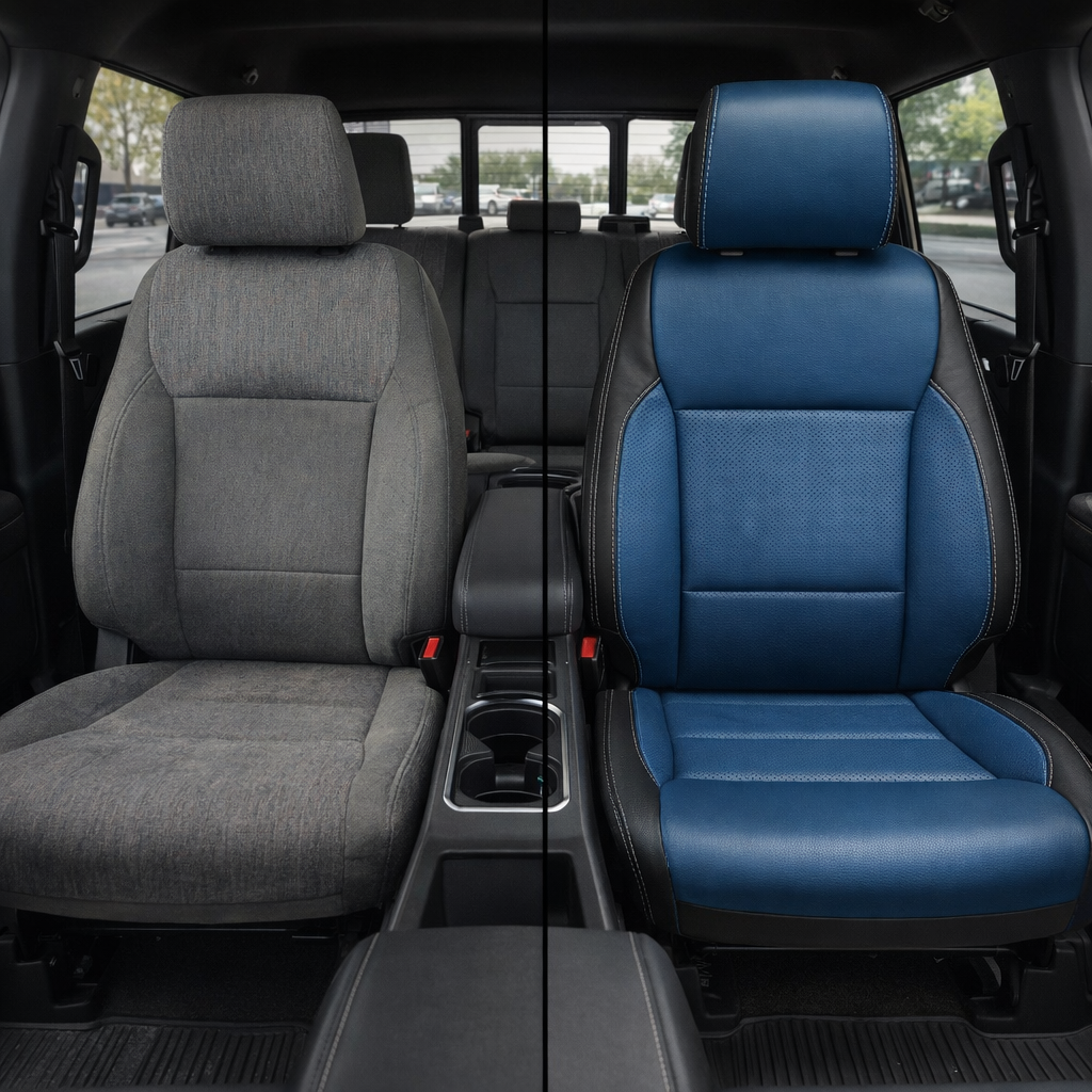 Before-and-after split front in-cabin view of a 2021–2026 Ford F-150 XLT: left shows the factory gray cloth driver seat, while right shows the upgraded Leatherteck seat cover in black with Pacific Blue perforated center inserts, Pacific Blue perforated accent panels, and silver contrast stitching, with the center console and cupholders visible between the seats.