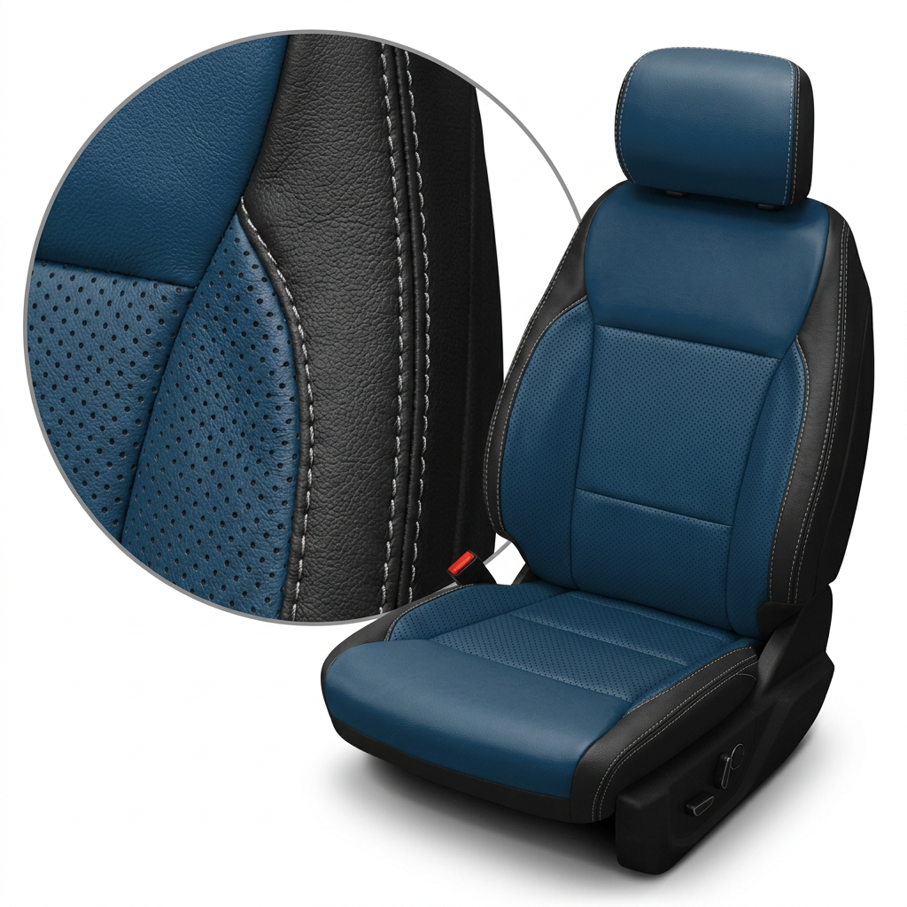 Close-up product image of a 2021–2026 Ford F-150 XLT Leatherteck seat cover on a white background, featuring a black main seat color with Pacific Blue perforated center inserts, Pacific Blue perforated accent panels, and silver contrast stitching; a circular zoom inset highlights the perforation pattern, leather grain, and double-stitched seam detail.