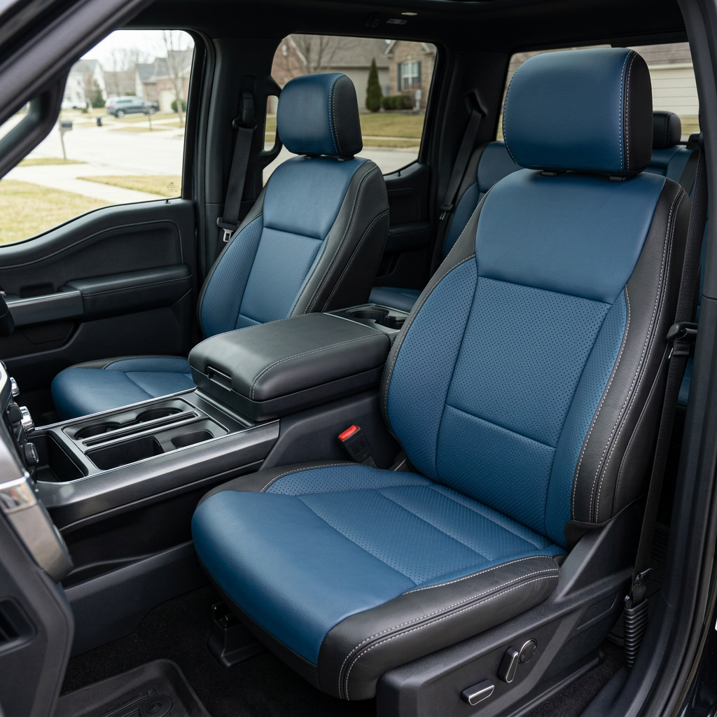 Front in-cabin view of a 2021–2026 Ford F-150 XLT with Leatherteck seat covers installed, featuring a black main seat color with Pacific Blue perforated center inserts, Pacific Blue perforated accent panels, and silver contrast stitching, shown from the driver-side angle with both front bucket seats and the center console with cupholders visible.