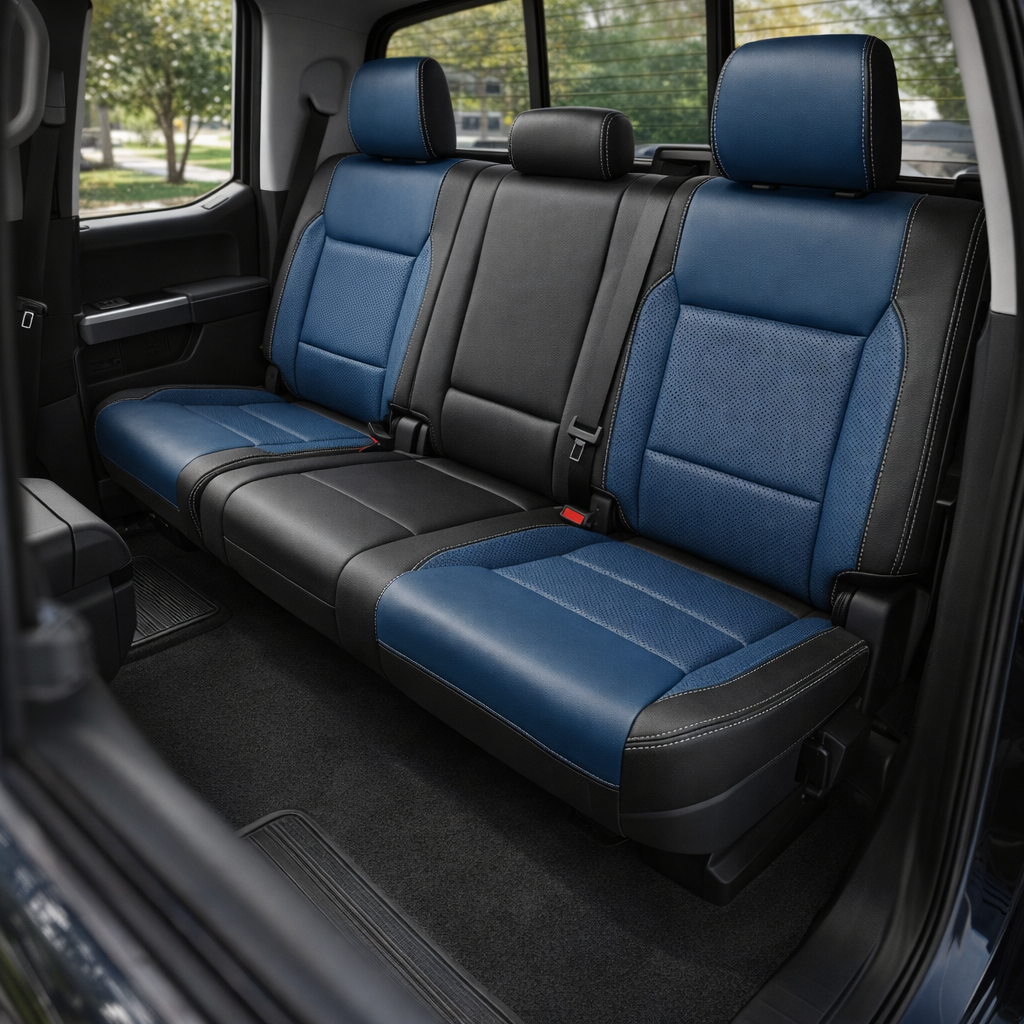 Rear in-cabin view of a 2021–2026 Ford F-150 XLT showing Leatherteck rear bench seat covers with a black main seat color, Pacific Blue perforated center inserts, Pacific Blue perforated accent panels on the outboard seats, and silver contrast stitching, with three headrests, seatbelts/buckles, and the rear window visible behind the seat.
