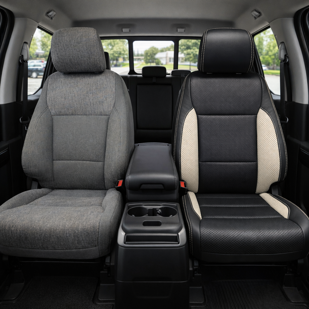 Before-and-after front in-cabin view of a 2021–2026 Ford F-150 XLT: left shows the factory gray cloth front seat, while right shows the upgraded Leatherteck seat cover in black with perforated body inserts, Pearl White perforated accent panels, and Pearl White contrast stitching, with the center console and cupholders visible between the seats.