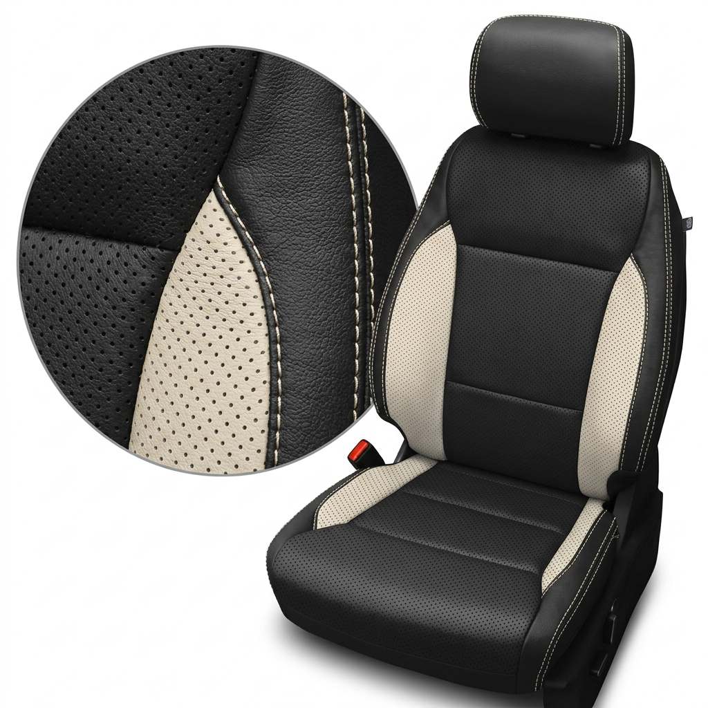 Close-up product image of a 2021–2026 Ford F-150 XLT Leatherteck seat cover on a white background, featuring a black main seat color with perforated body inserts, Pearl White perforated accent panels, and Pearl White contrast stitching; a circular zoom inset highlights the perforation pattern, leather grain texture, and double-stitched seam detail.