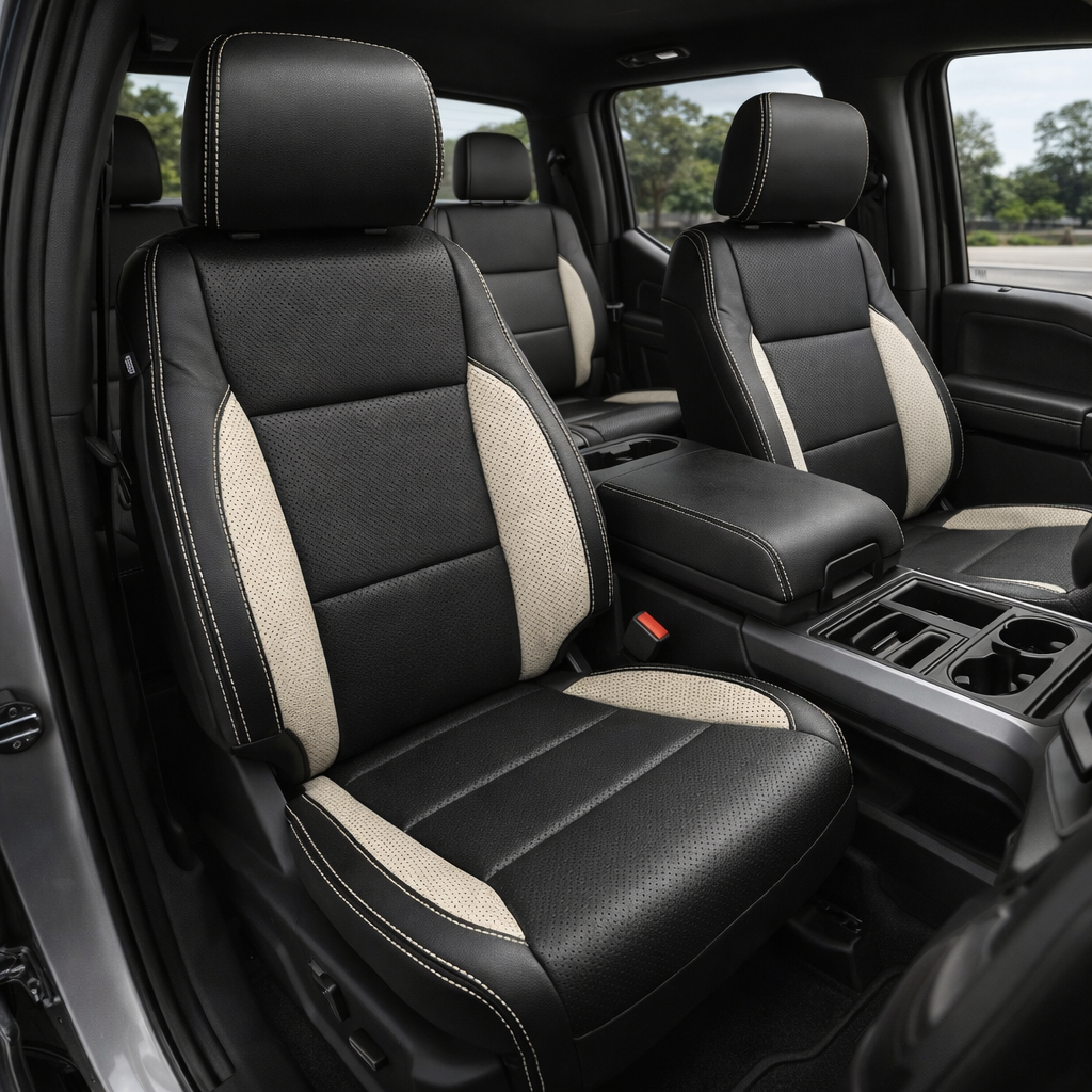 Front in-cabin view of a 2021–2026 Ford F-150 XLT featuring Leatherteck seat covers in black with perforated body inserts, Pearl White perforated accent panels on the bolsters, and Pearl White contrast stitching throughout, shown from the open driver-side door with both front bucket seats, the center console/cupholders, and the rear seat visible.