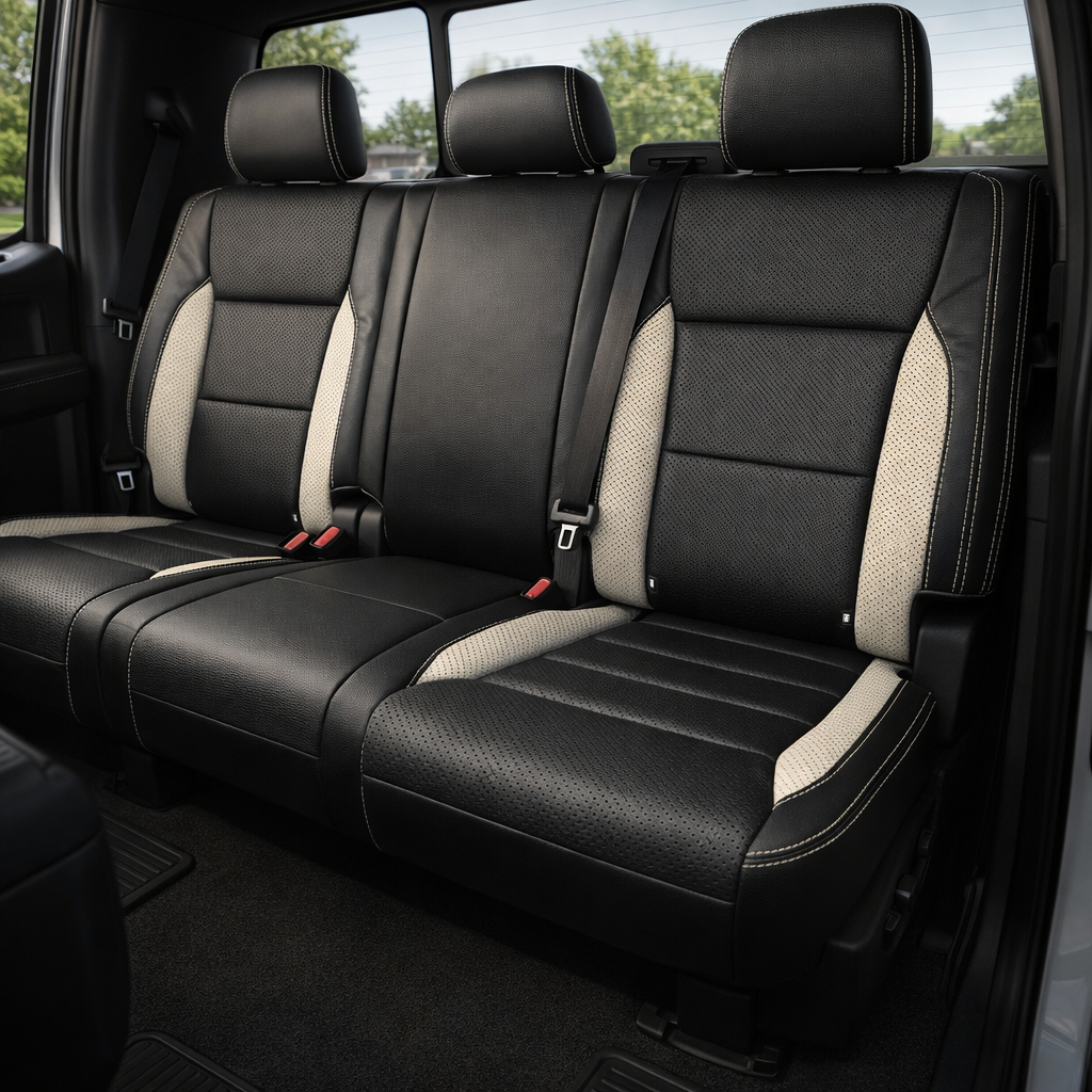 Rear in-cabin view of a 2021–2026 Ford F-150 XLT showing Leatherteck rear bench seat covers in black with perforated body inserts, Pearl White perforated accent panels on the outer bolsters, and Pearl White contrast stitching throughout, with three headrests, seatbelts/buckles, and the rear window visible behind the seat.