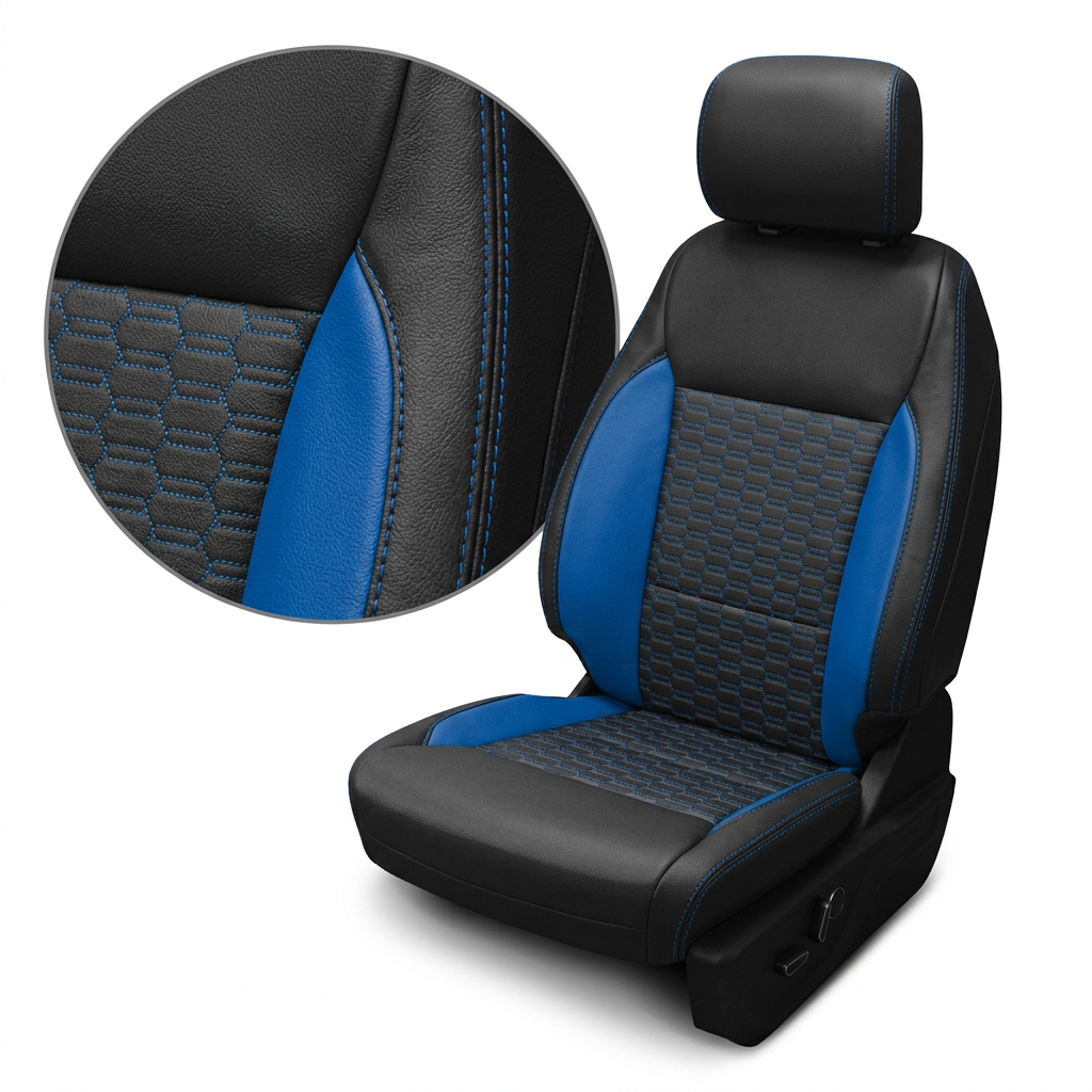 Close-up product image of a 2021–2026 Ford F-150 XLT Leatherteck seat cover on a white background, featuring a black main seat color with Bermuda Blue Double Hex pattern center inserts, Bermuda Blue accent panels, and Bermuda Blue contrast stitching; a circular zoom inset highlights the Double Hex texture, leather grain, and double-stitched seam detail.