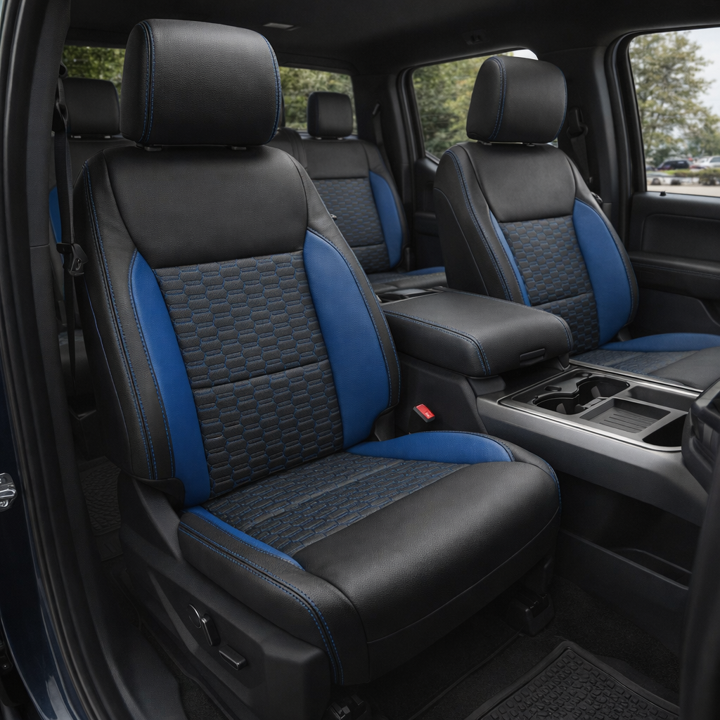 Front in-cabin view of a 2021–2026 Ford F-150 XLT with Leatherteck seat covers installed, featuring a black main seat color, Bermuda Blue Double Hex pattern center inserts, Bermuda Blue accent panels, and Bermuda Blue contrast stitching, shown from the driver-side angle with both front bucket seats and the center console with cupholders visible.