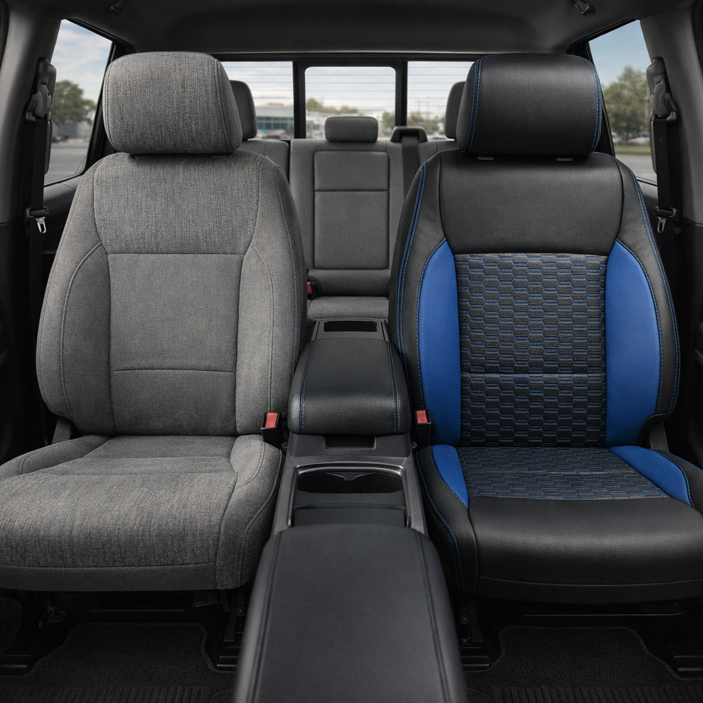 Before-and-after front in-cabin view of a 2021–2026 Ford F-250 XLT: left shows the factory gray cloth front seat, right shows a Leatherteck upgrade with black main seat color, Bermuda Blue accent panels, a Bermuda Blue Double Hex insert pattern in the center, and Bermuda Blue contrast stitching throughout, with the center console and rear bench visible in the background.