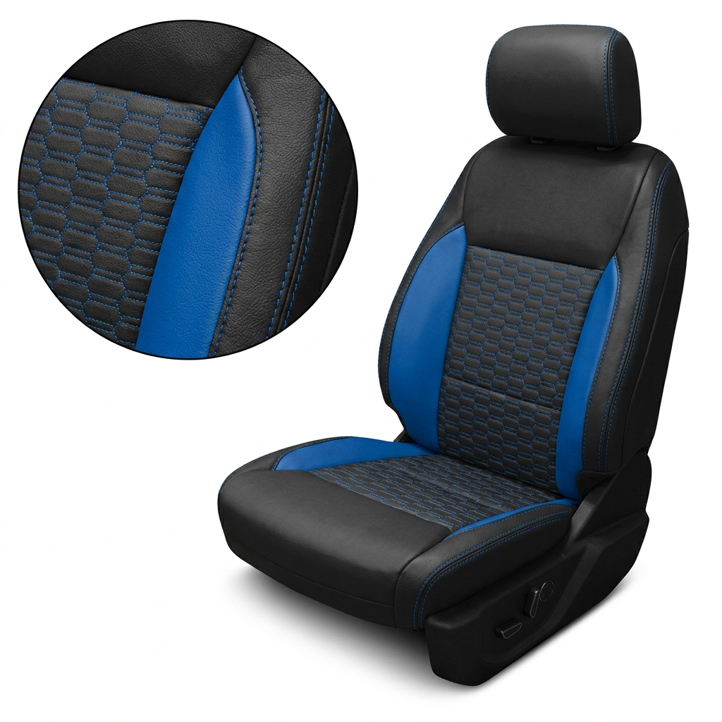 Close-up product image of a 2021–2026 Ford F-250 XLT Leatherteck seat cover showing black main seat panels with Bermuda Blue accent panels, a Bermuda Blue Double Hex insert pattern on the center section, and Bermuda Blue contrast stitching throughout, with a circular zoom highlighting the Double Hex texture and stitching on a white background.