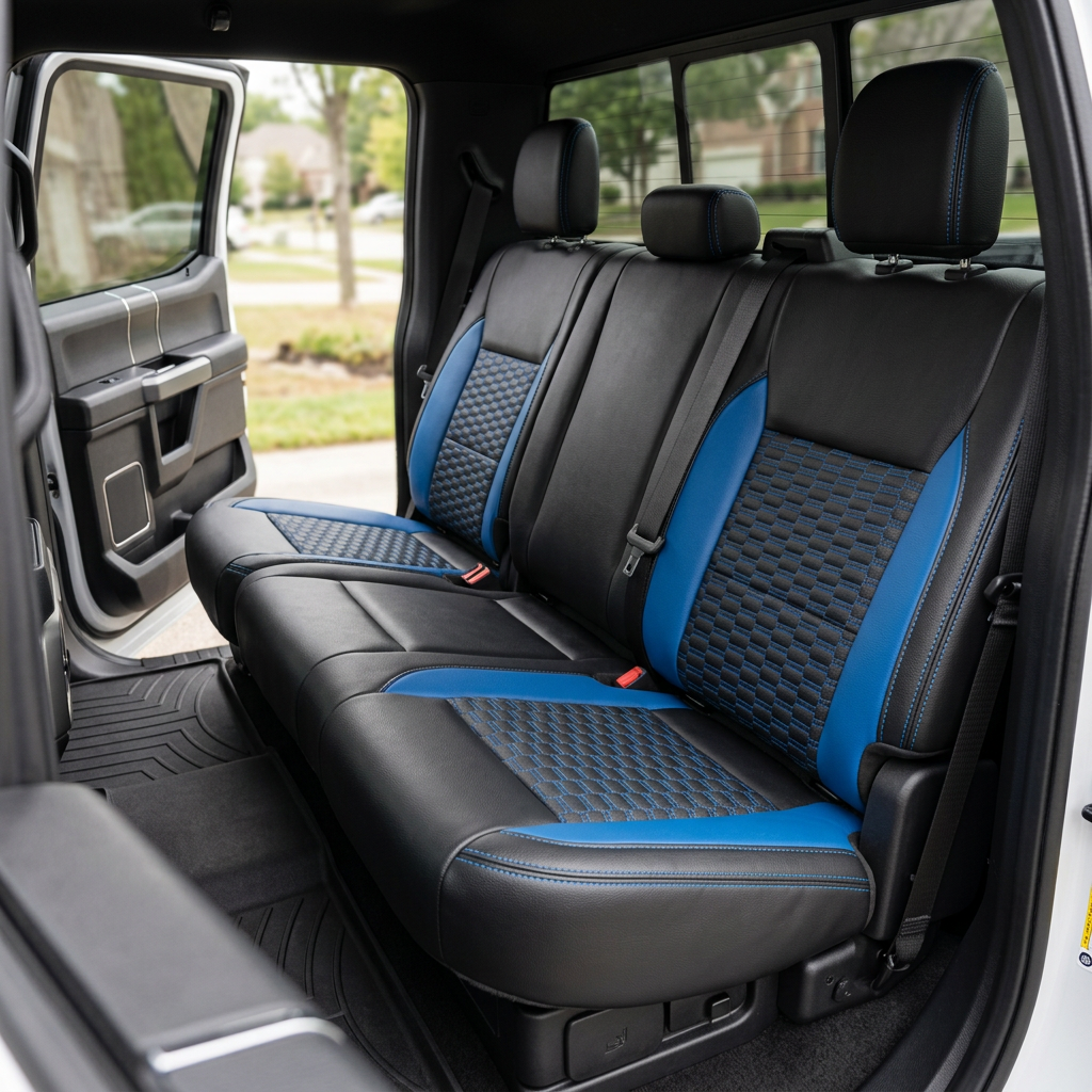 Rear in-cabin view of a 2021–2026 Ford F-250 XLT showing the Leatherteck rear bench seat with black main seat color, Bermuda Blue accent panels, a Bermuda Blue Double Hex insert pattern on the seatback and cushion centers, and Bermuda Blue contrast stitching throughout, with the rear door open and seatbelts visible.