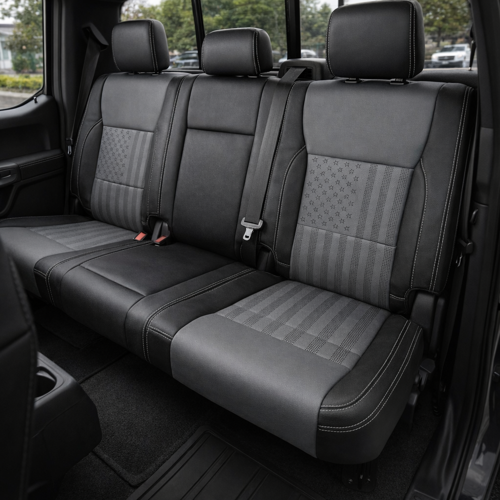 2021-2026 Ford F-150 XLT Katzkin Leather Seat Upholstery Kit – Black with Lunar Gray Body Inserts, Perforated US Flag Pattern Inserts, and Lunar Gray Contrast Stitching