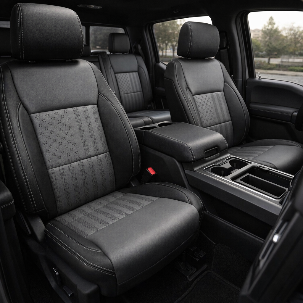 2021-2026 Ford F-150 XLT Katzkin Leather Seat Upholstery Kit – Black with Lunar Gray Body Inserts, Perforated US Flag Pattern Inserts, and Lunar Gray Contrast Stitching