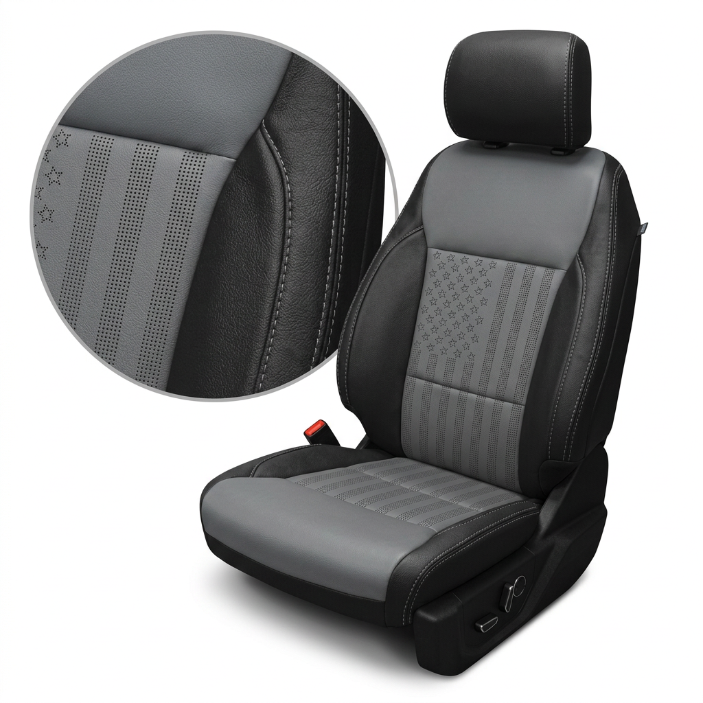 Close-up product image of a Leatherteck leather seat cover for a 2021–2026 Ford F-250 XLT in black with lunar gray body inserts, featuring a perforated U.S. flag pattern center panel and lunar gray contrast stitching, with an inset detail highlighting the perforation and stitching on a white background.