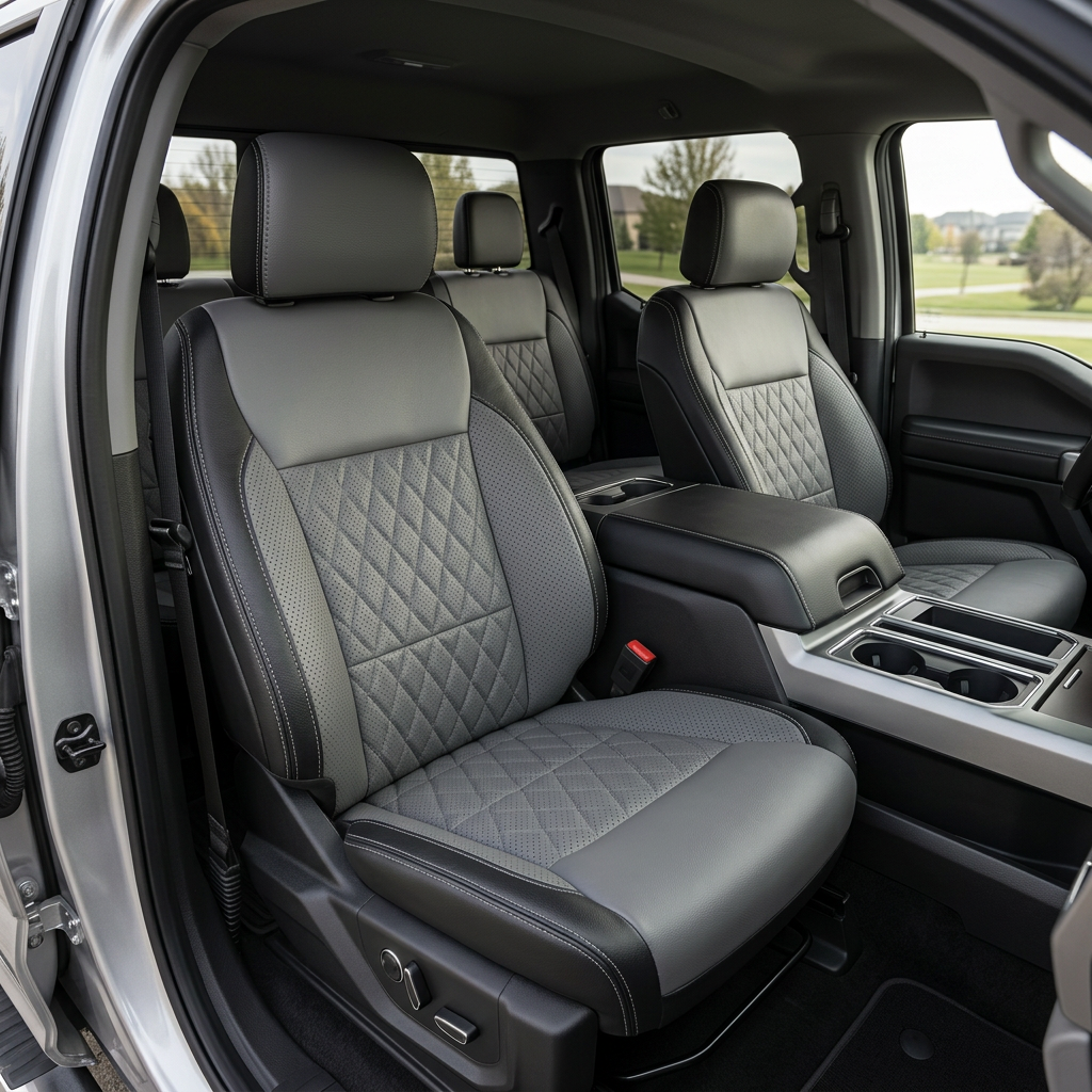 2021-2026 Ford F-150 XLT Katzkin Leather Seat Upholstery Kit – Black with Lunar Gray Perforated Center Inserts, Lunar Gray Perforated Accent Panels, Diamond Pattern Inserts in Lunar Gray, and Lunar Gray Contrast Stitching