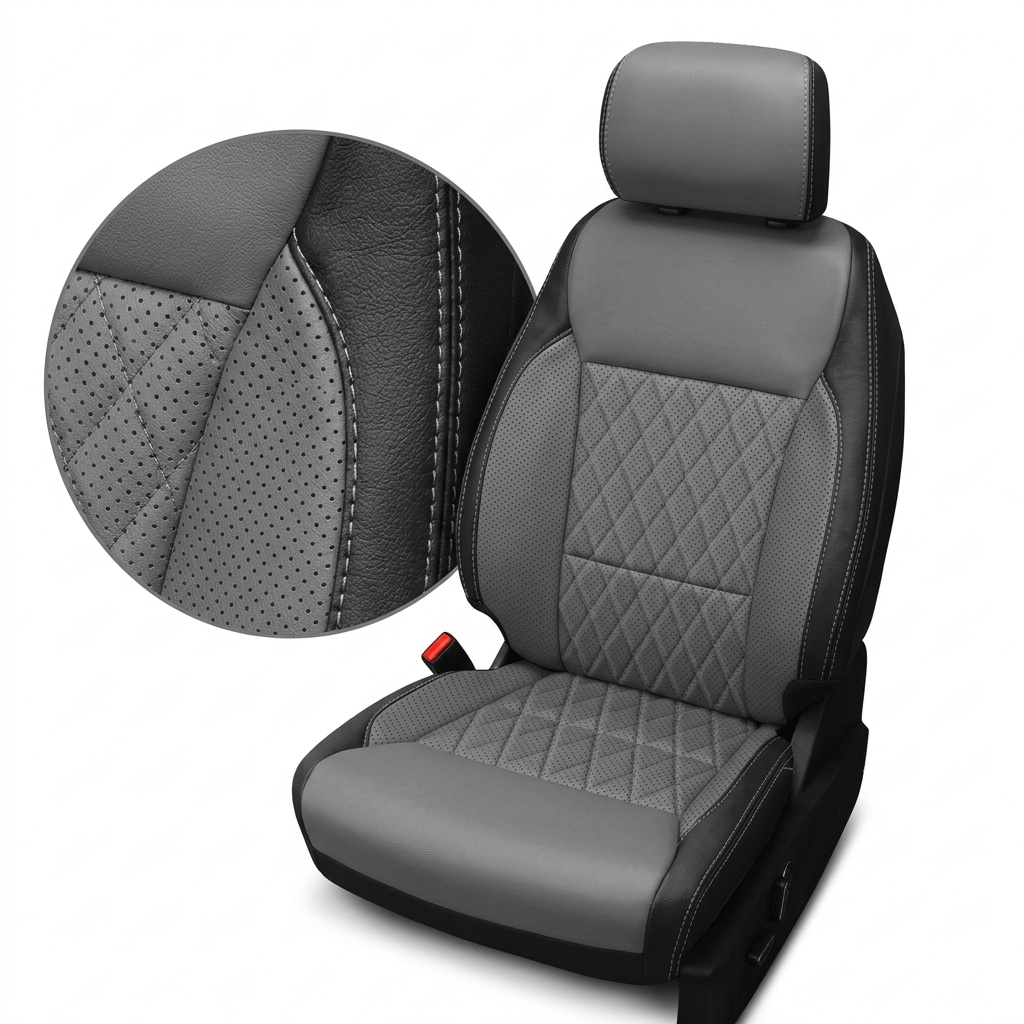 Close-up product image of a 2021–2026 Ford F-250 XLT Leatherteck seat cover showing black outer bolsters with contrast stitching, Lunar Gray perforated center inserts with a diamond-quilt pattern, and Lunar Gray perforated accent side panels, displayed on a seat against a white background with a circular zoom highlighting the perforation, diamond stitching, and seam detail.