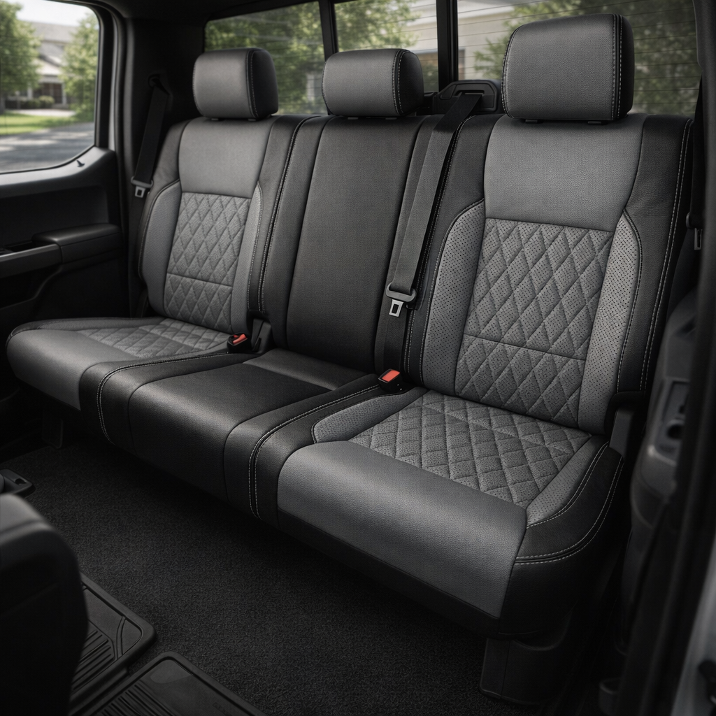 Rear in-cabin view of a 2021–2026 Ford F-250 XLT showing the Leatherteck rear bench seat in black with Lunar Gray perforated center inserts featuring a diamond-quilt pattern, Lunar Gray perforated accent side panels, and contrast stitching, with three headrests, visible seatbelts, rear window, and door panel in the background.