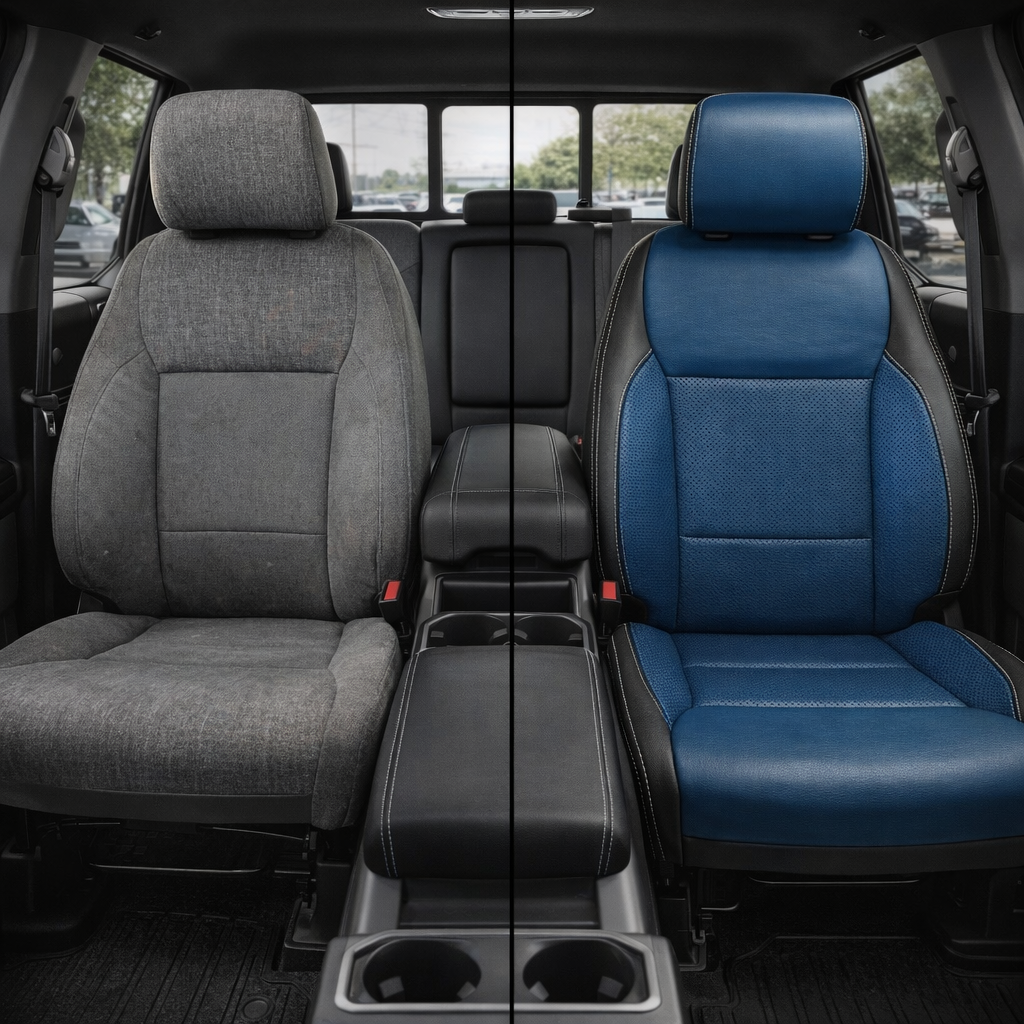 Before-and-after split front in-cabin view of a 2021–2026 Ford F-250 XLT: left side shows the factory gray cloth front seat, while right side shows the Leatherteck upgrade with black bolsters, Pacific Blue center inserts with perforated sections, Pacific Blue perforated accent panels, and Silver contrast stitching throughout, with the center console and cupholders visible between the seats.