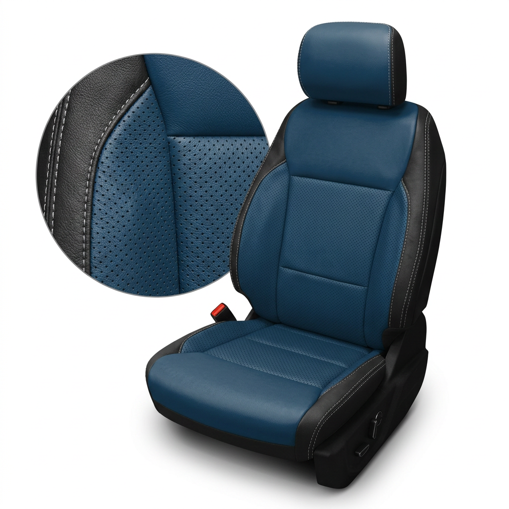 Close-up product image of a 2021–2026 Ford F-250 XLT Leatherteck seat cover on a white background, featuring black main bolsters with Silver contrast stitching and Pacific Blue center inserts with perforated sections and Pacific Blue perforated accent panels, with a circular zoom highlighting the perforation pattern, leather texture, and double-stitched seam detail.