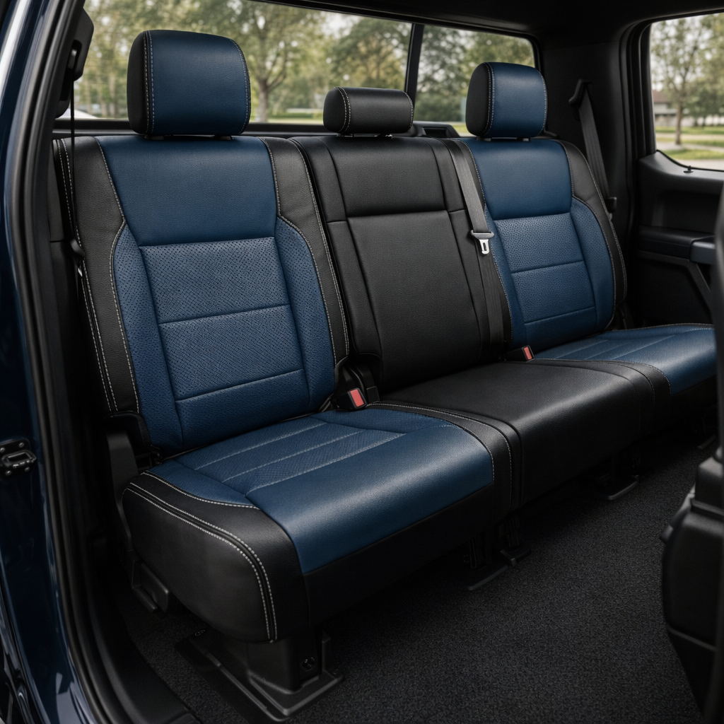 Rear in-cabin view of a 2021–2026 Ford F-250 XLT showing the Leatherteck rear bench seat with black main seat color, Pacific Blue center inserts with perforated sections, Pacific Blue perforated accent panels, and Silver contrast stitching throughout, featuring three headrests, visible seatbelts, the rear door panel, and the rear window behind the seat.