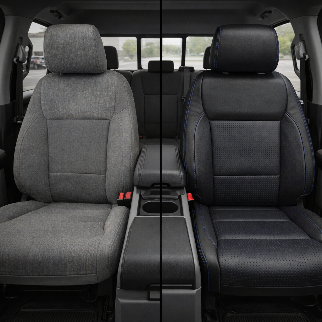 Before-and-after front in-cabin split view of a 2021–2026 Ford F-250 XLT: left side shows the factory gray cloth driver seat, while right side shows a Leatherteck upgrade with black main seat color, Square Perforated Blue combo center inserts, Square Perforated Blue accent panels, and Cobalt contrast stitching throughout, with the center console and cupholders between the seats and the rear bench visible in the background.