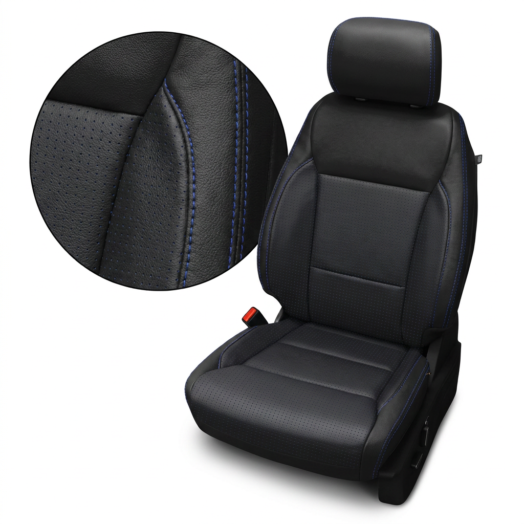Close-up product image of a 2021–2026 Ford F-250 XLT Leatherteck seat cover in black with Square Perforated Blue combo center inserts, Square Perforated Blue accent panels, and Cobalt contrast stitching, shown on a seat against a white background with a circular zoom highlighting the perforation pattern, panel transition, and double-stitched seam detail.