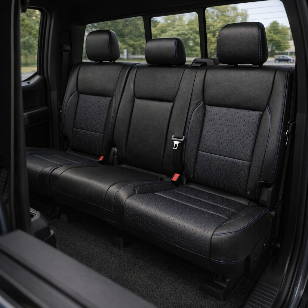 Rear in-cabin view of a 2021–2026 Ford F-250 XLT showing the Leatherteck rear bench seat with black main seat color, Square Perforated Blue combo center inserts, Square Perforated Blue accent panels, and Cobalt contrast stitching throughout, featuring three headrests, visible seatbelts, the rear door panel, and the rear window in the background.