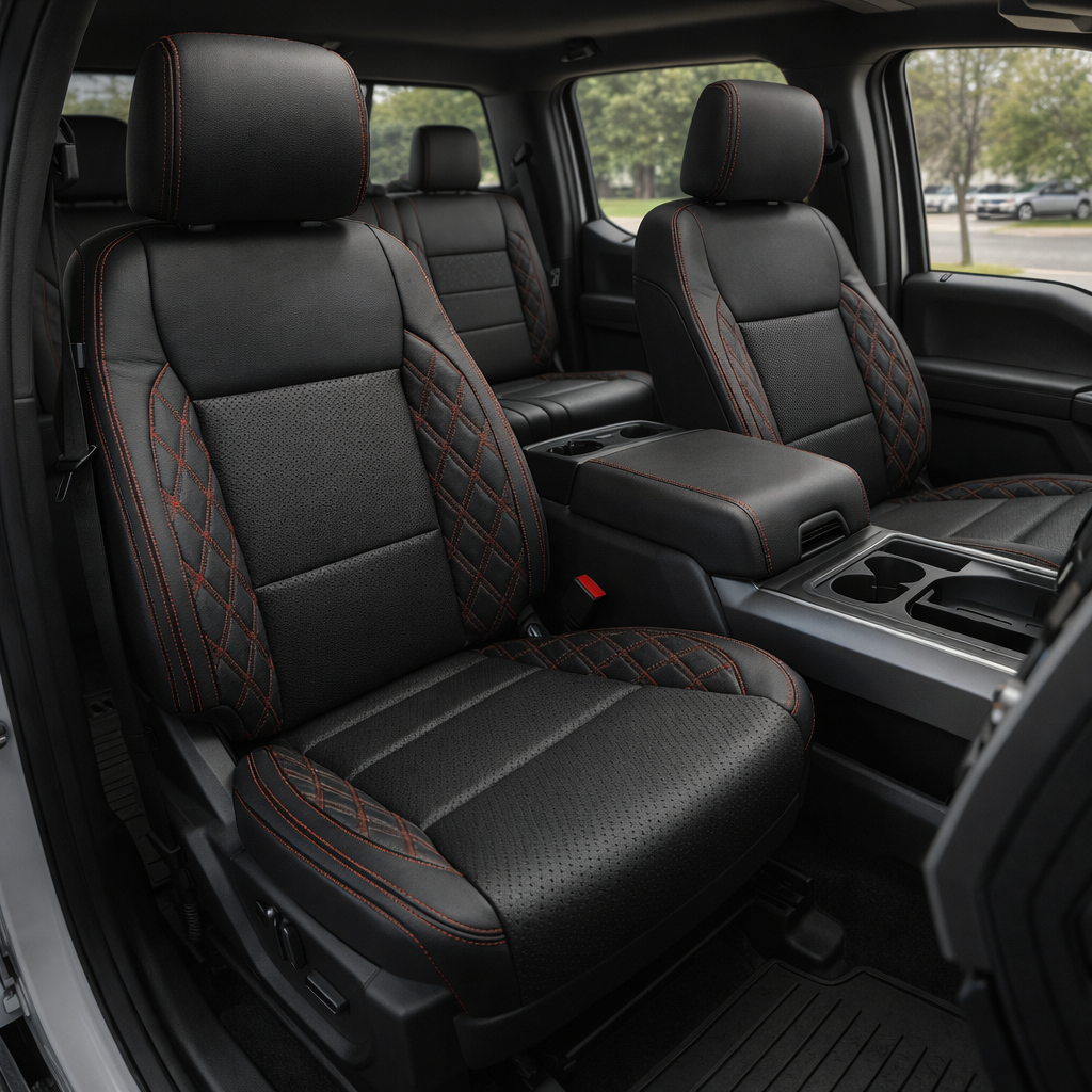 2021-2026 Ford F-150 XLT Katzkin Leather Seat Upholstery Kit – Black with Perforated Combination Inserts, Double Diamond Pattern Accent Panels in Red, and Red Contrast Stitching