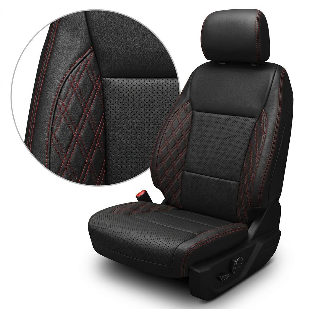 Close-up product image of a Leatherteck leather seat cover for a 2021–2026 Ford F-250 XLT in black, featuring perforated combination center inserts, red double-diamond accent side panels, and red contrast stitching, with an inset detail highlighting the diamond stitching and perforated texture on a white background.